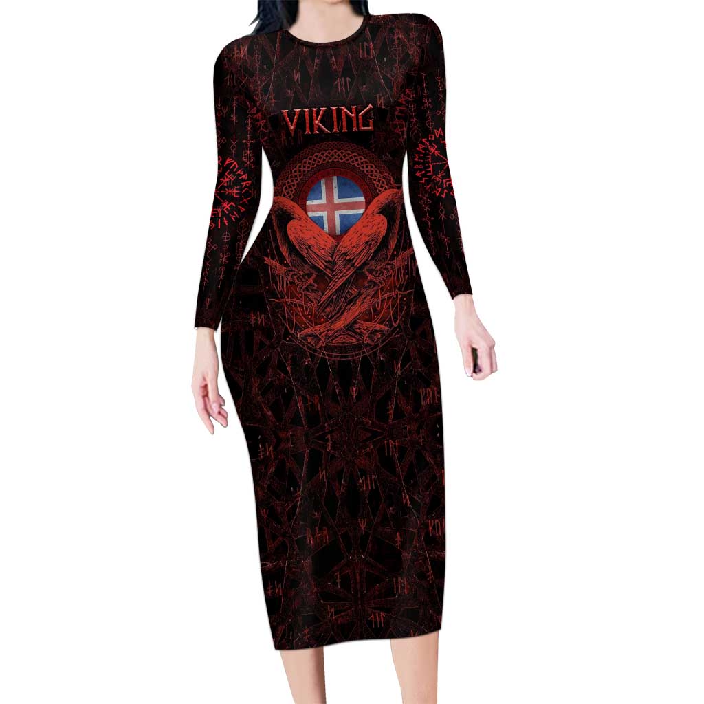 Iceland Vikings Long Sleeve Bodycon Dress Norse Runes with Raven and Longship Design Featuring National Flag