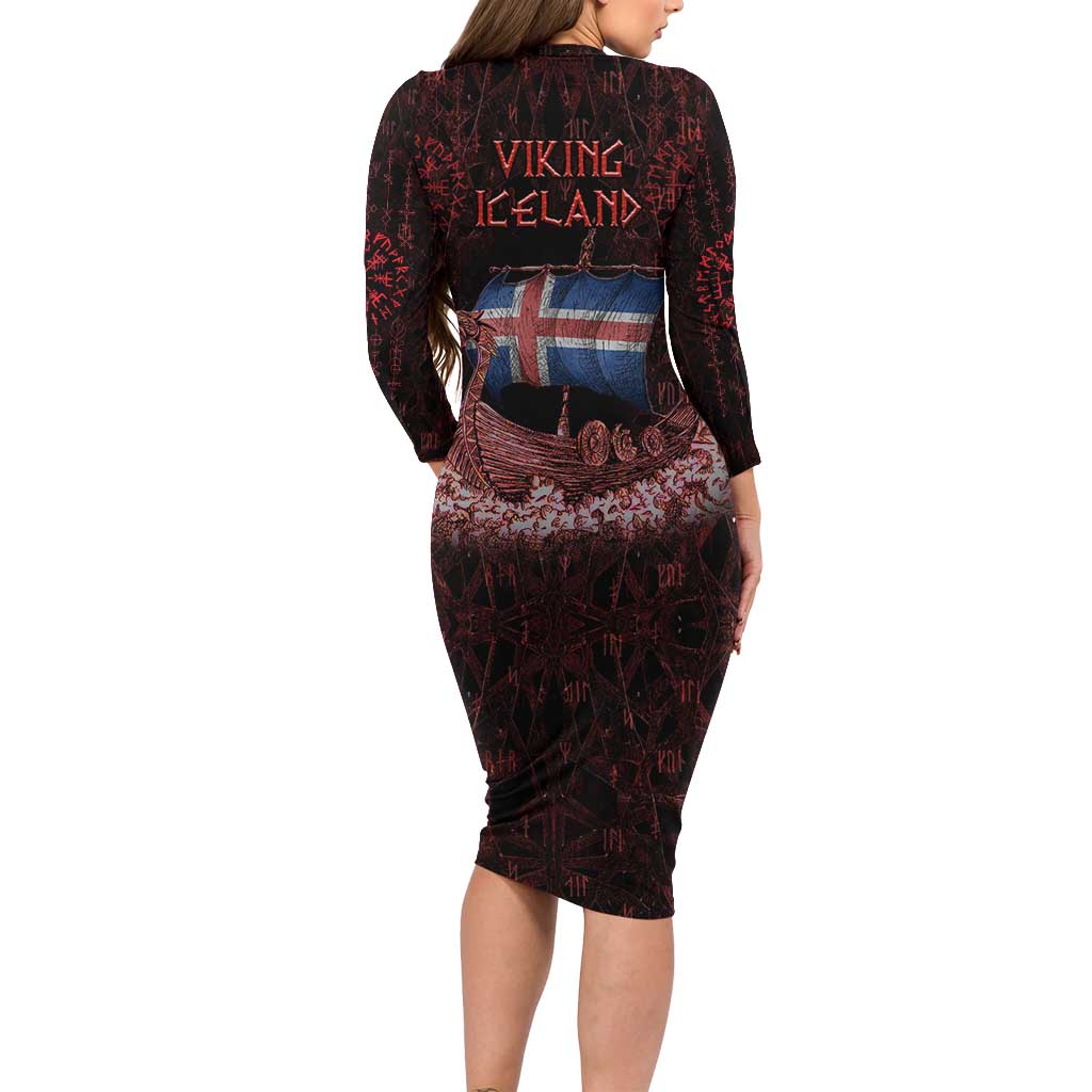 Iceland Vikings Long Sleeve Bodycon Dress Norse Runes with Raven and Longship Design Featuring National Flag