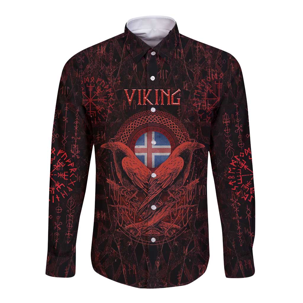 Iceland Vikings Long Sleeve Button Shirt Norse Runes with Raven and Longship Design Featuring National Flag