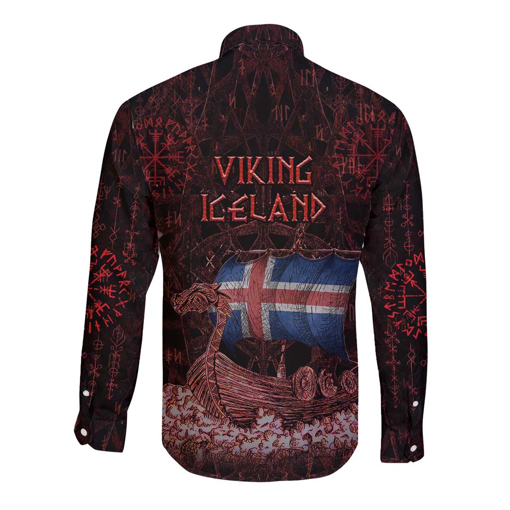 Iceland Vikings Long Sleeve Button Shirt Norse Runes with Raven and Longship Design Featuring National Flag