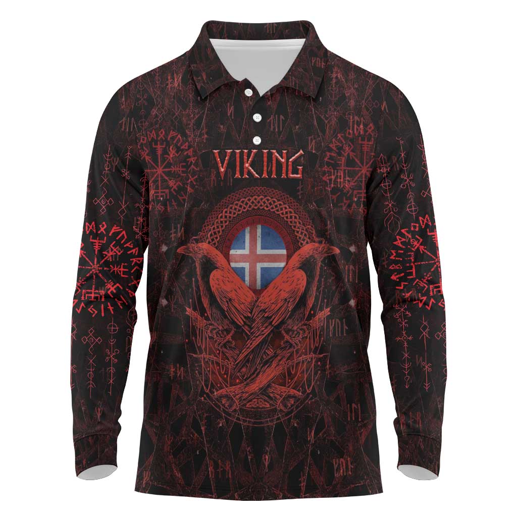 Iceland Vikings Long Sleeve Polo Shirt Norse Runes with Raven and Longship Design Featuring National Flag