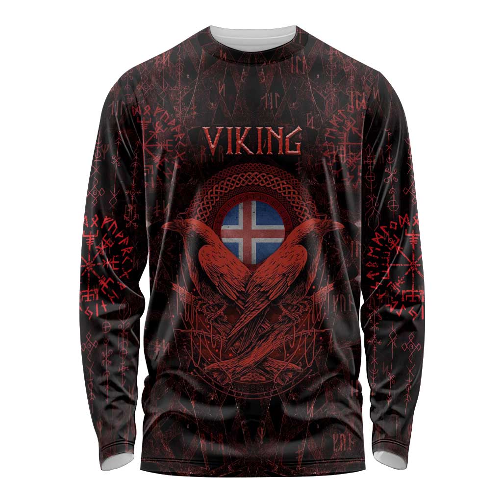 Iceland Vikings Long Sleeve Shirt Norse Runes with Raven and Longship Design Featuring National Flag