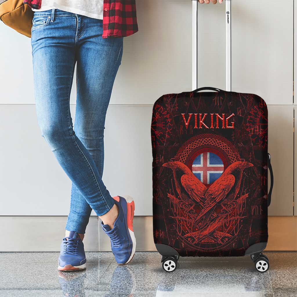 Iceland Vikings Luggage Cover Norse Runes with Raven and Longship Design Featuring National Flag
