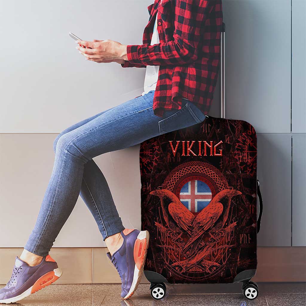 Iceland Vikings Luggage Cover Norse Runes with Raven and Longship Design Featuring National Flag