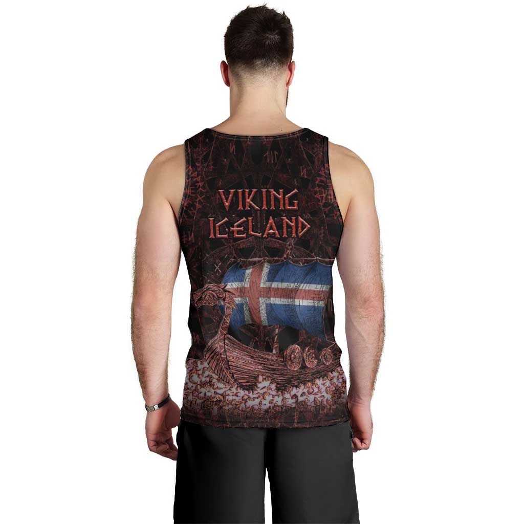Iceland Vikings Men Tank Top Norse Runes with Raven and Longship Design Featuring National Flag