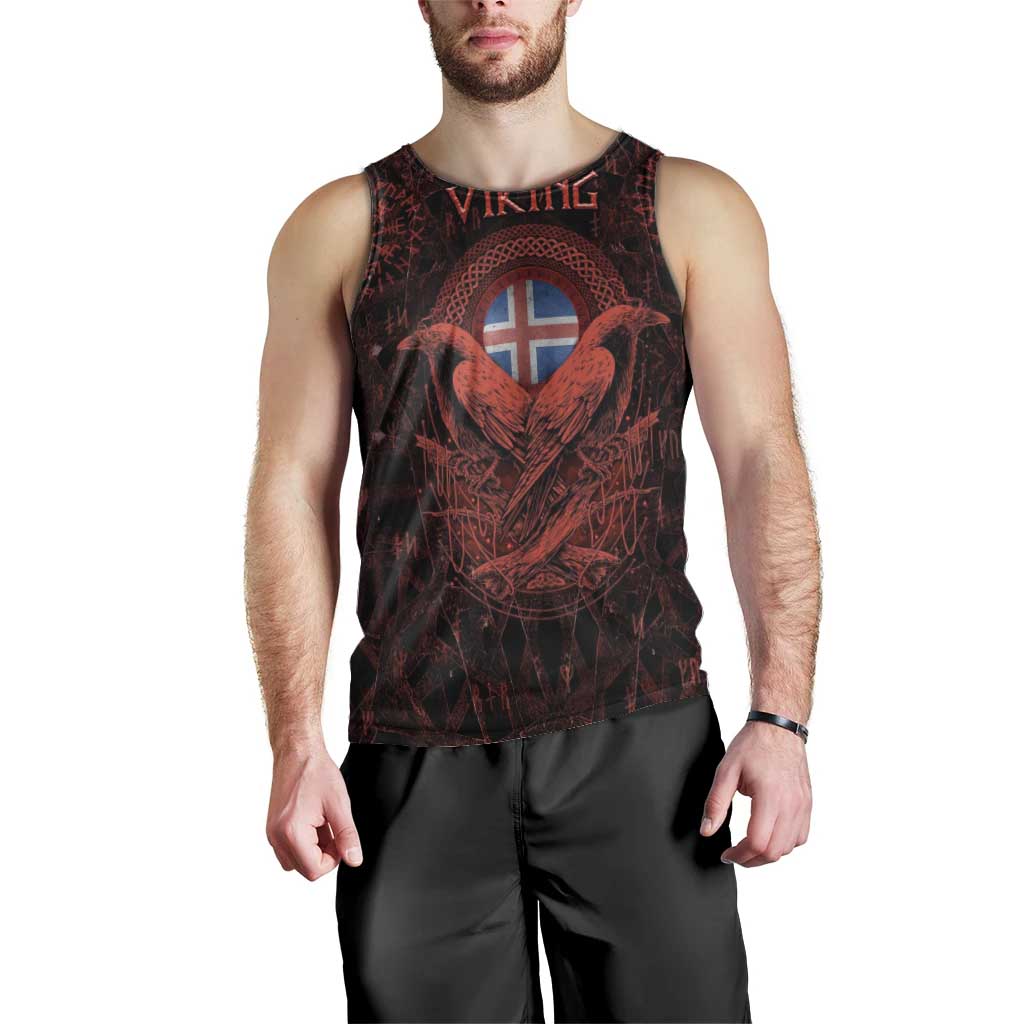 Iceland Vikings Men Tank Top Norse Runes with Raven and Longship Design Featuring National Flag