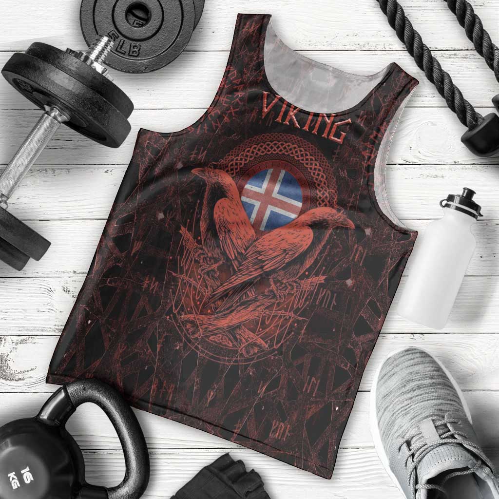 Iceland Vikings Men Tank Top Norse Runes with Raven and Longship Design Featuring National Flag