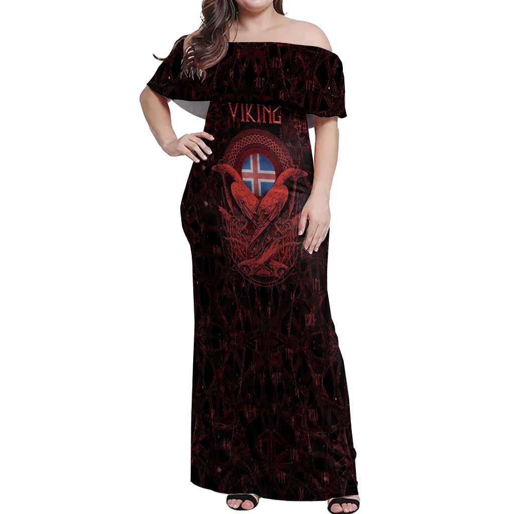 Iceland Vikings Off Shoulder Maxi Dress Norse Runes with Raven and Longship Design Featuring National Flag