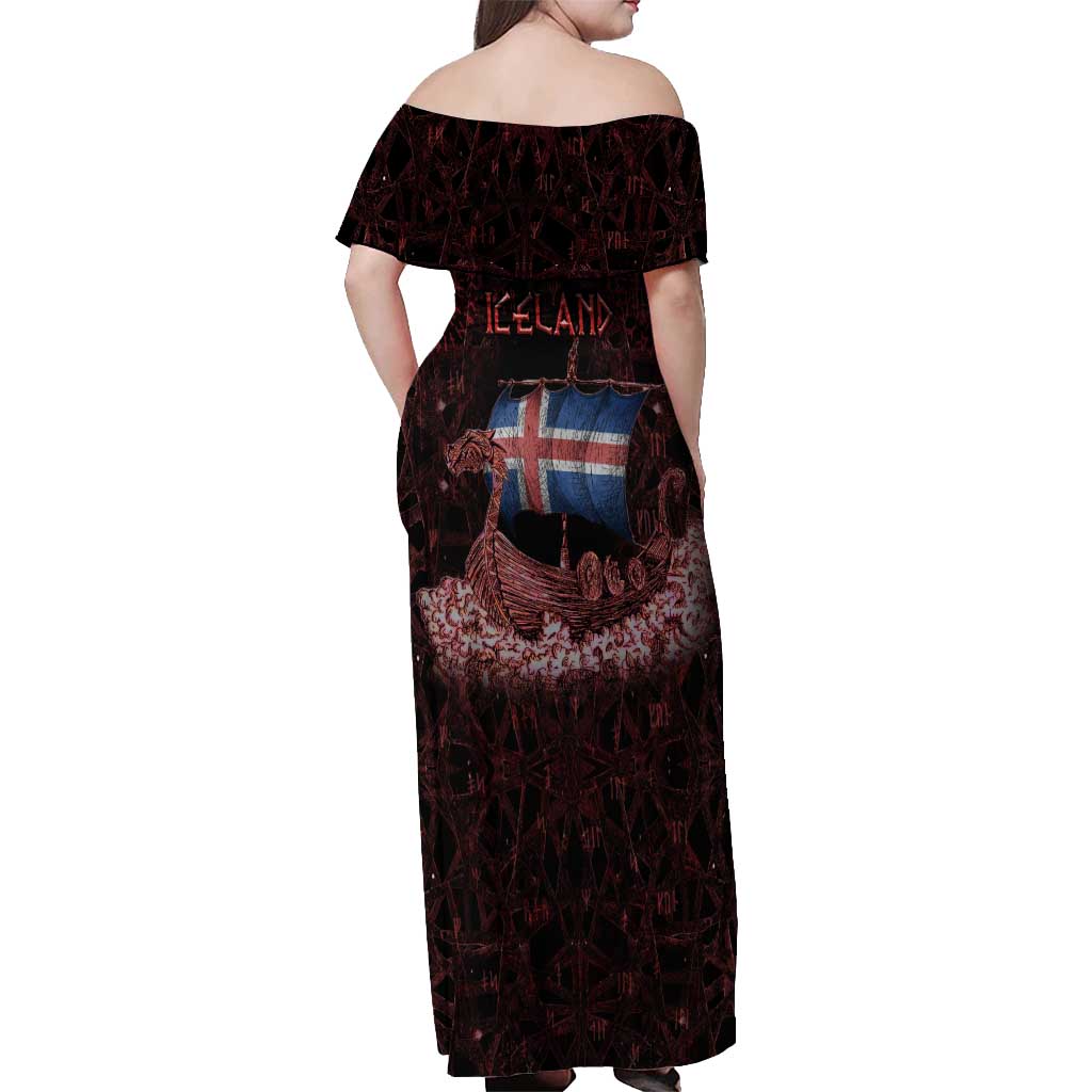 Iceland Vikings Off Shoulder Maxi Dress Norse Runes with Raven and Longship Design Featuring National Flag