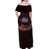 Iceland Vikings Off Shoulder Maxi Dress Norse Runes with Raven and Longship Design Featuring National Flag