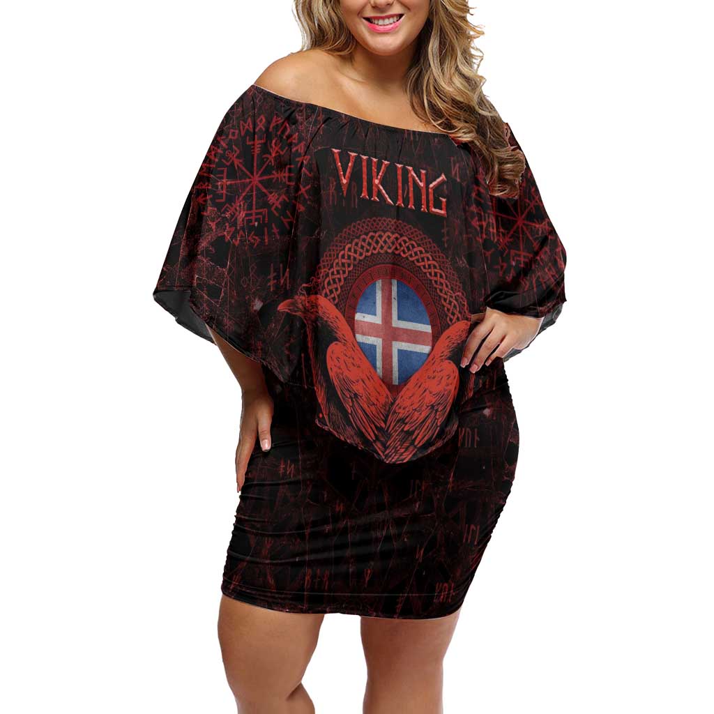 Iceland Vikings Off Shoulder Short Dress Norse Runes with Raven and Longship Design Featuring National Flag
