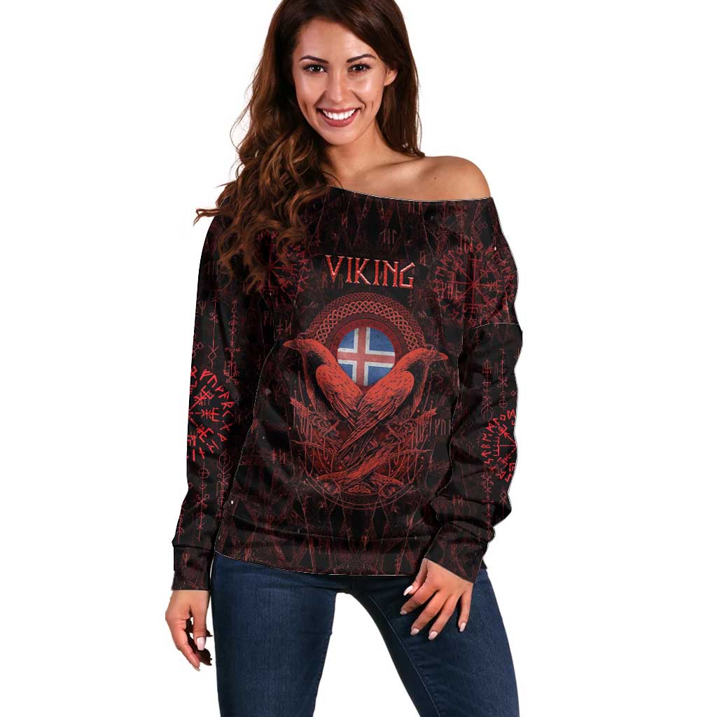 Iceland Vikings Off Shoulder Sweater Norse Runes with Raven and Longship Design Featuring National Flag