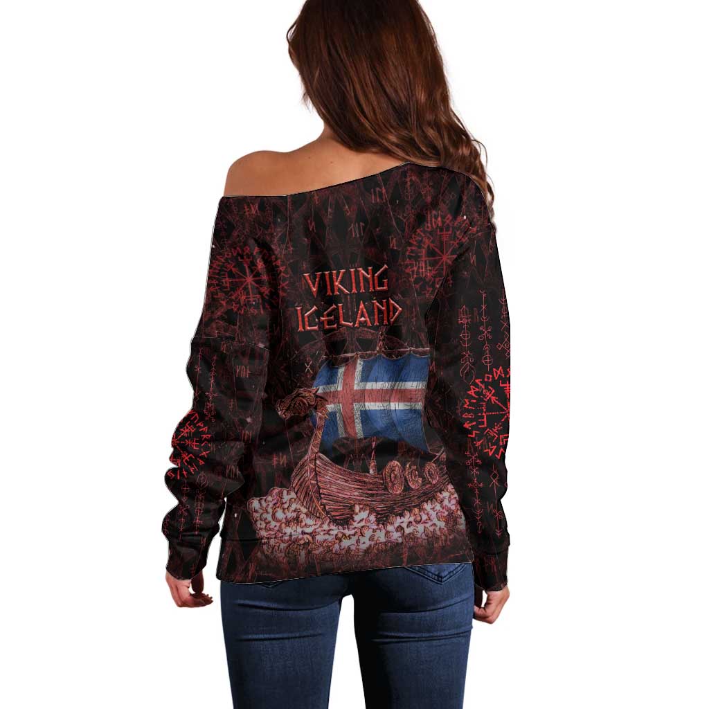 Iceland Vikings Off Shoulder Sweater Norse Runes with Raven and Longship Design Featuring National Flag