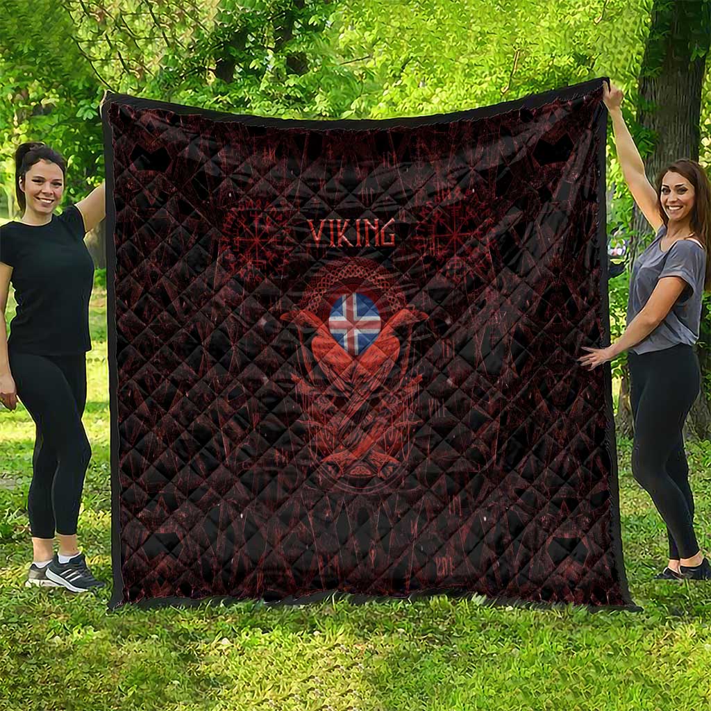 Iceland Vikings Quilt Norse Runes with Raven and Longship Design Featuring National Flag