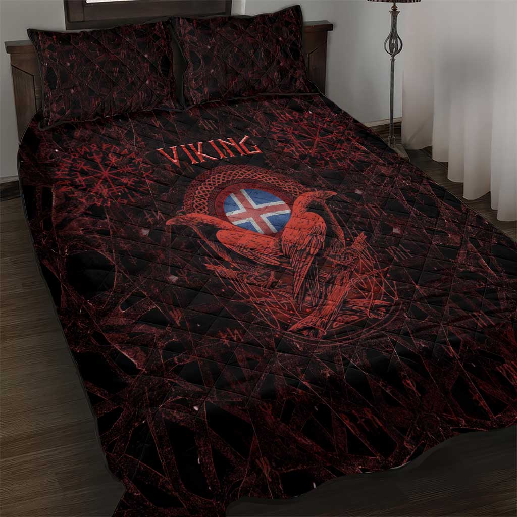 Iceland Vikings Quilt Bed Set Norse Runes with Raven and Longship Design Featuring National Flag