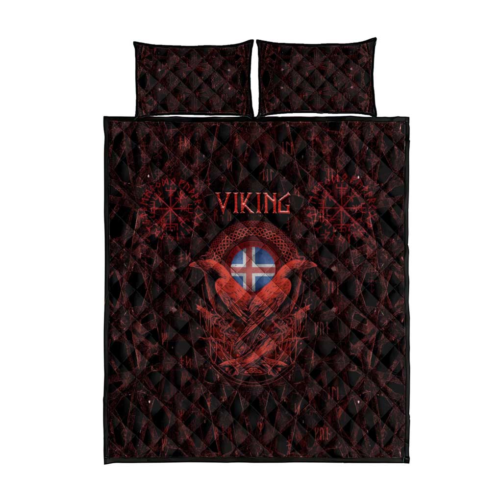 Iceland Vikings Quilt Bed Set Norse Runes with Raven and Longship Design Featuring National Flag