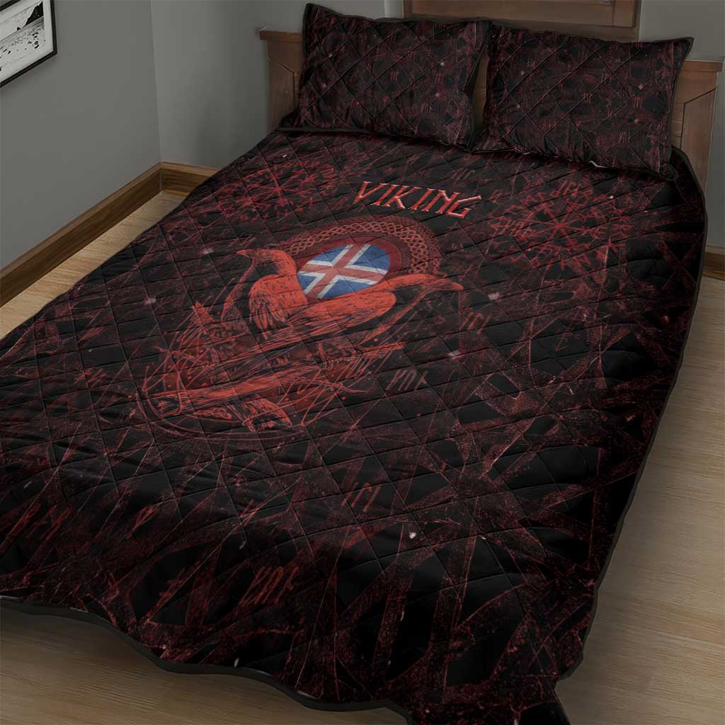 Iceland Vikings Quilt Bed Set Norse Runes with Raven and Longship Design Featuring National Flag
