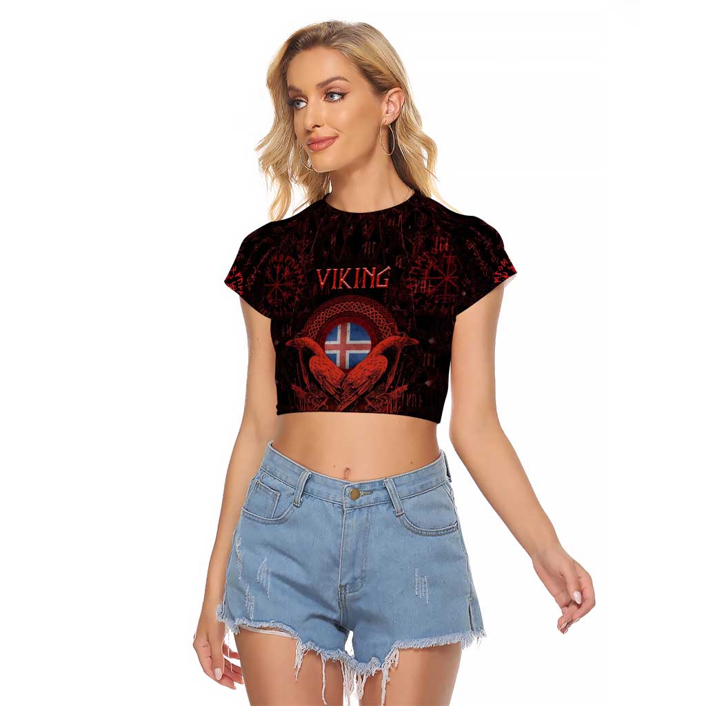 Iceland Vikings Raglan Cropped T Shirt Norse Runes with Raven and Longship Design Featuring National Flag