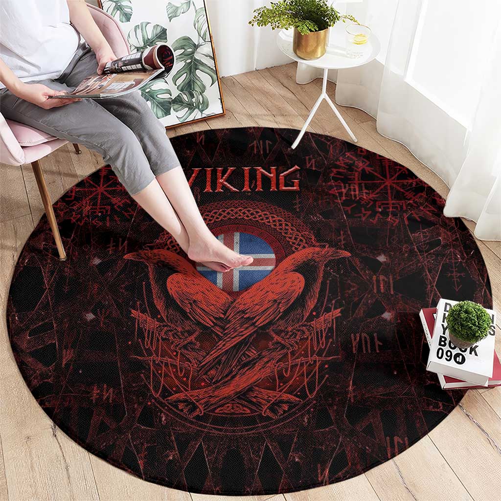 Iceland Vikings Round Carpet Norse Runes with Raven and Longship Design Featuring National Flag
