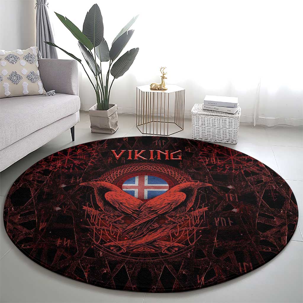 Iceland Vikings Round Carpet Norse Runes with Raven and Longship Design Featuring National Flag