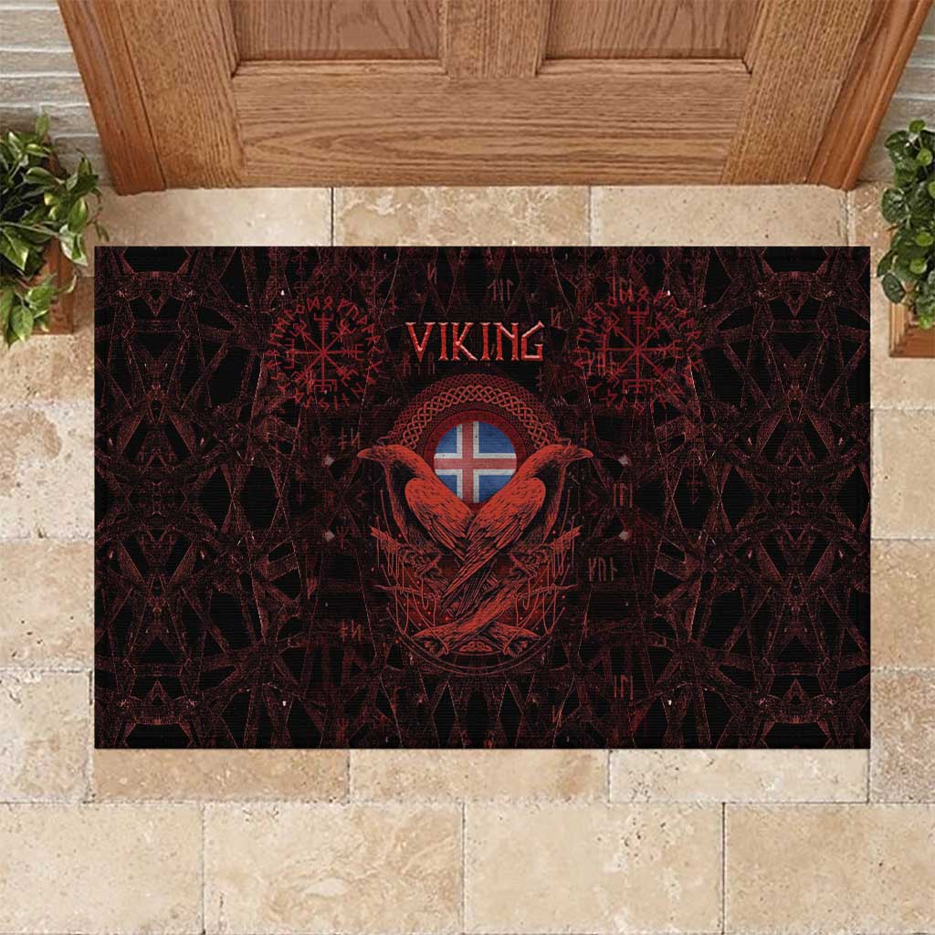 Iceland Vikings Rubber Doormat Norse Runes with Raven and Longship Design Featuring National Flag