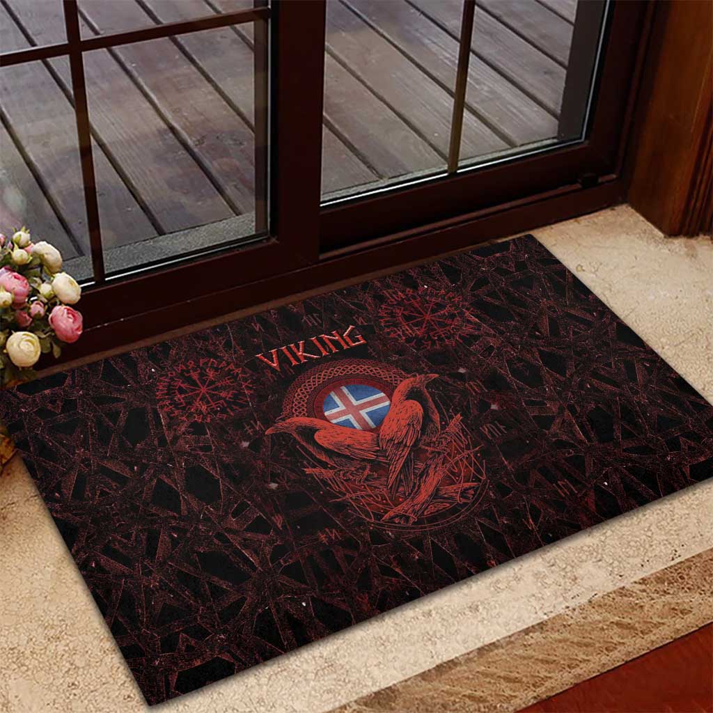 Iceland Vikings Rubber Doormat Norse Runes with Raven and Longship Design Featuring National Flag
