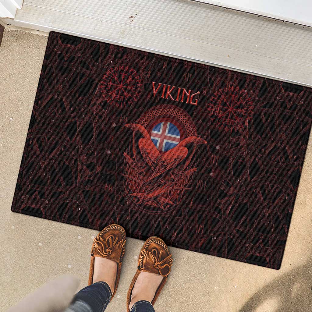 Iceland Vikings Rubber Doormat Norse Runes with Raven and Longship Design Featuring National Flag