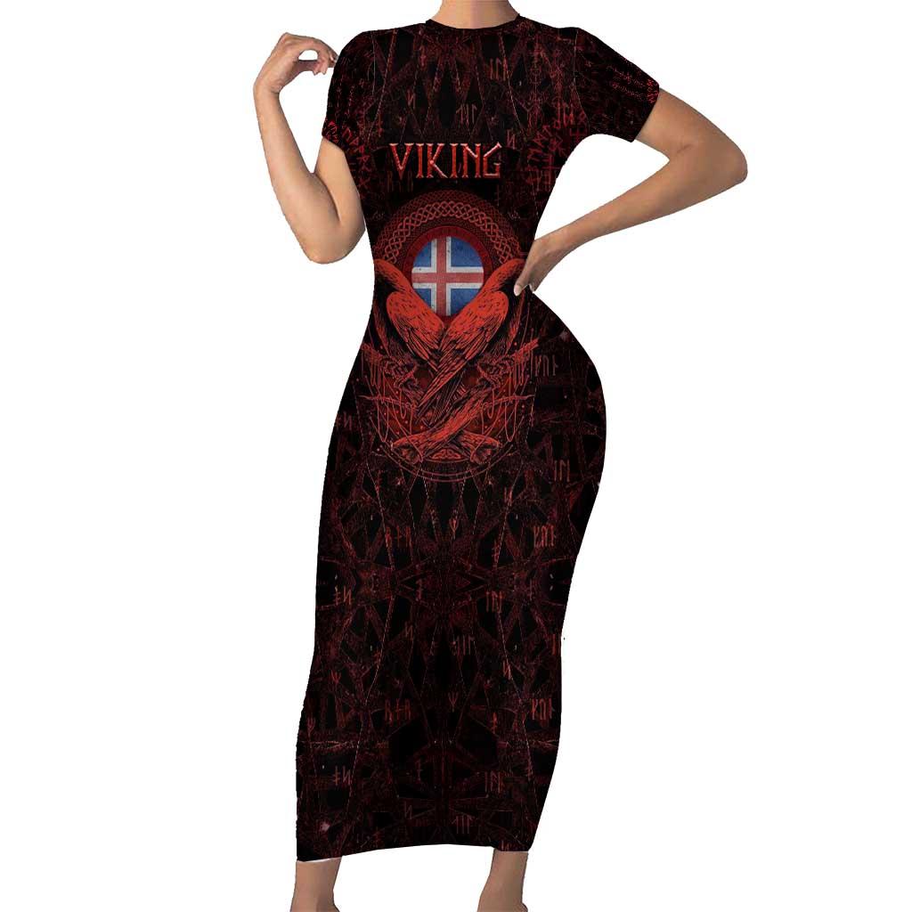 Iceland Vikings Short Sleeve Bodycon Dress Norse Runes with Raven and Longship Design Featuring National Flag