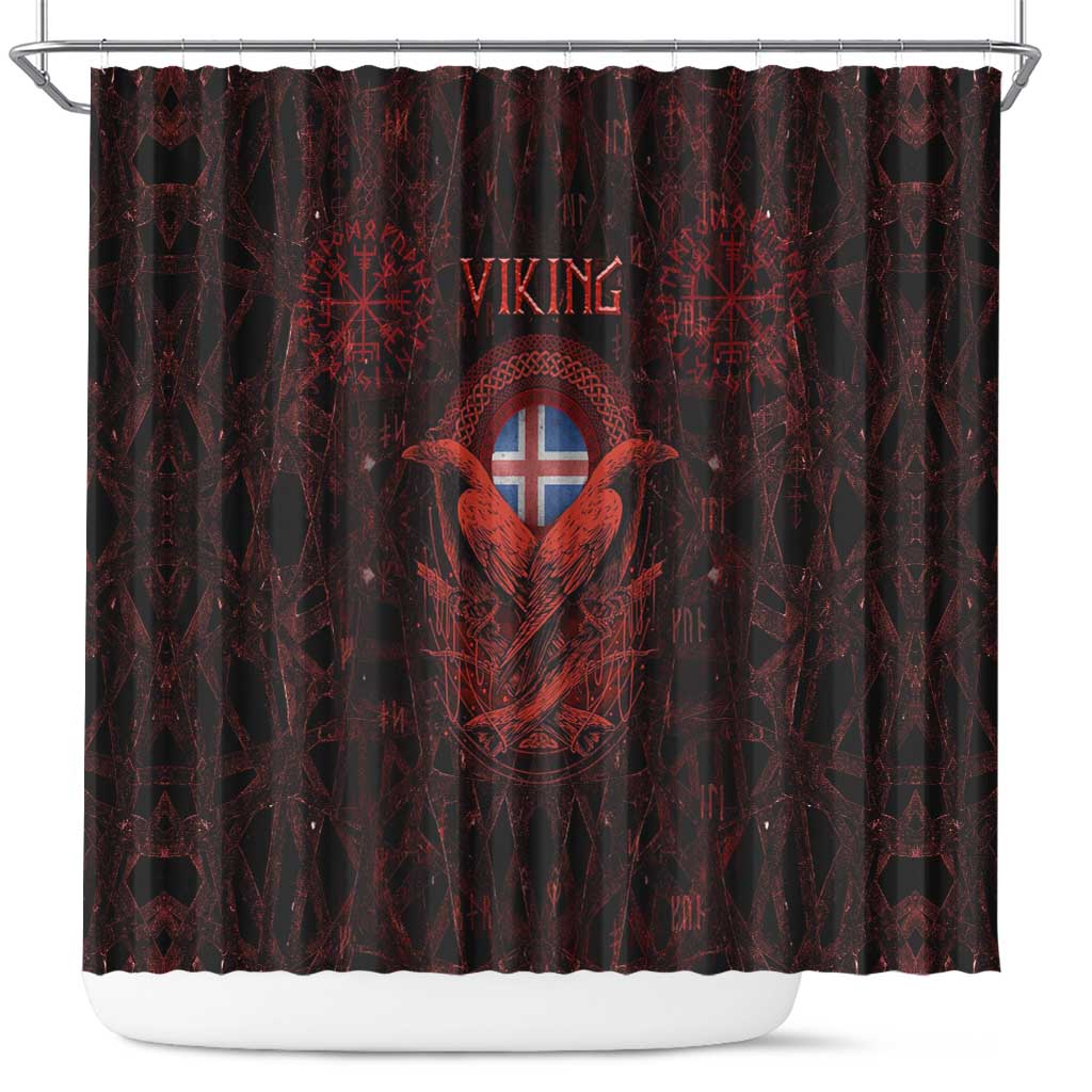 Iceland Vikings Shower Curtain Norse Runes with Raven and Longship Design Featuring National Flag