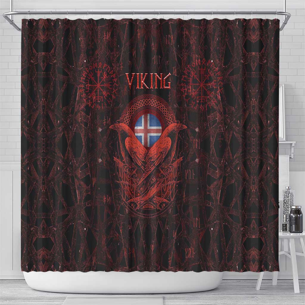 Iceland Vikings Shower Curtain Norse Runes with Raven and Longship Design Featuring National Flag