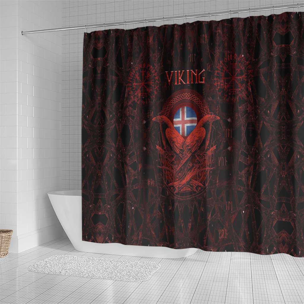 Iceland Vikings Shower Curtain Norse Runes with Raven and Longship Design Featuring National Flag