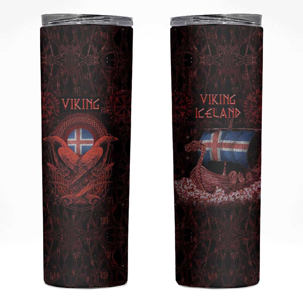 Iceland Vikings Skinny Tumbler Norse Runes with Raven and Longship Design Featuring National Flag