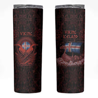 Iceland Vikings Skinny Tumbler Norse Runes with Raven and Longship Design Featuring National Flag