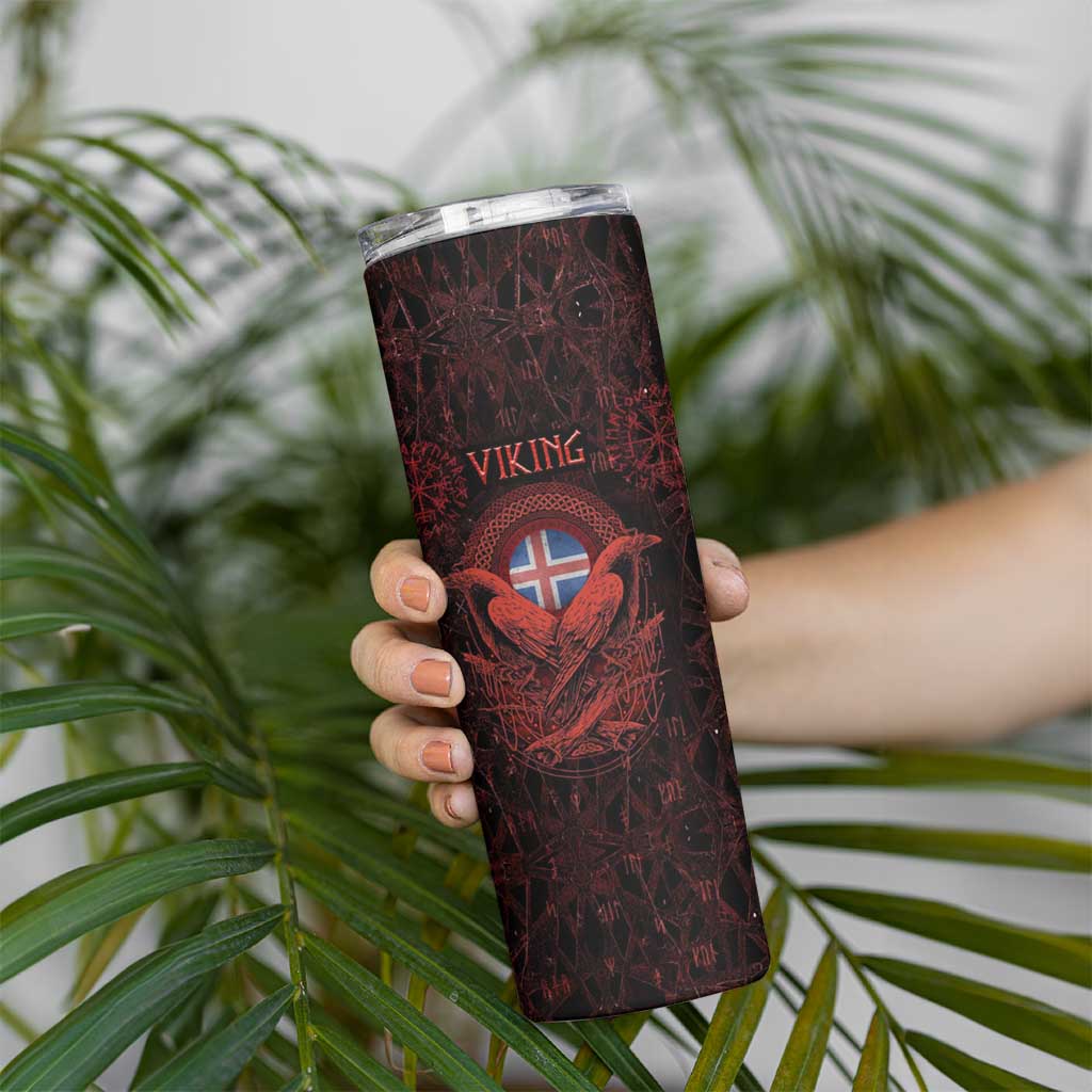 Iceland Vikings Skinny Tumbler Norse Runes with Raven and Longship Design Featuring National Flag