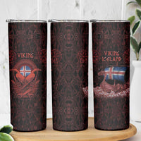 Iceland Vikings Skinny Tumbler Norse Runes with Raven and Longship Design Featuring National Flag