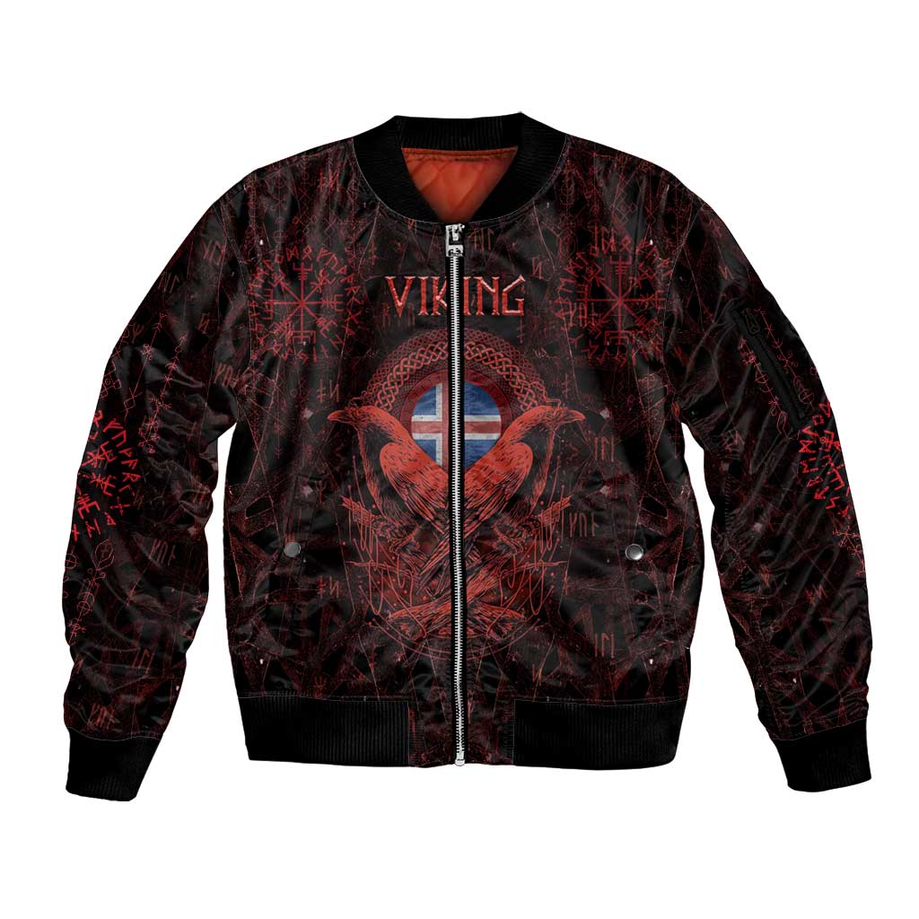 Iceland Vikings Sleeve Zip Bomber Jacket Norse Runes with Raven and Longship Design Featuring National Flag