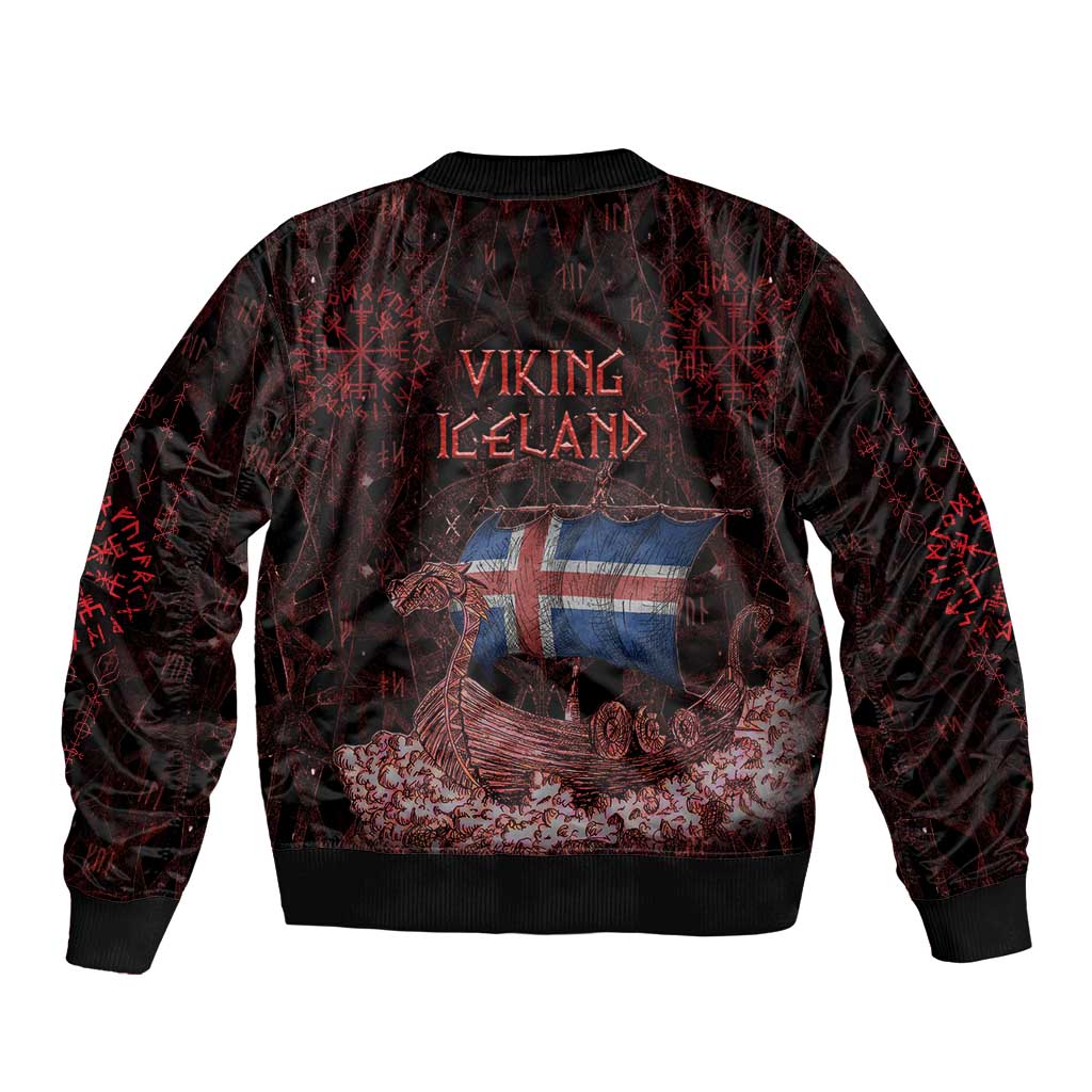 Iceland Vikings Sleeve Zip Bomber Jacket Norse Runes with Raven and Longship Design Featuring National Flag