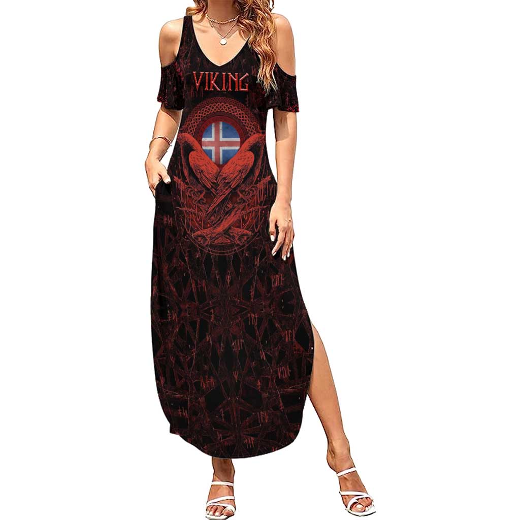 Iceland Vikings Summer Maxi Dress Norse Runes with Raven and Longship Design Featuring National Flag