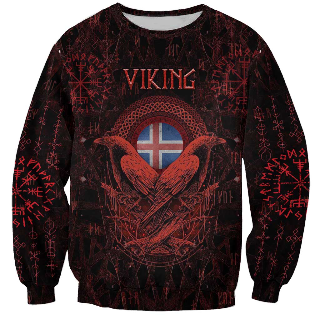 Iceland Vikings Sweatshirt Norse Runes with Raven and Longship Design Featuring National Flag