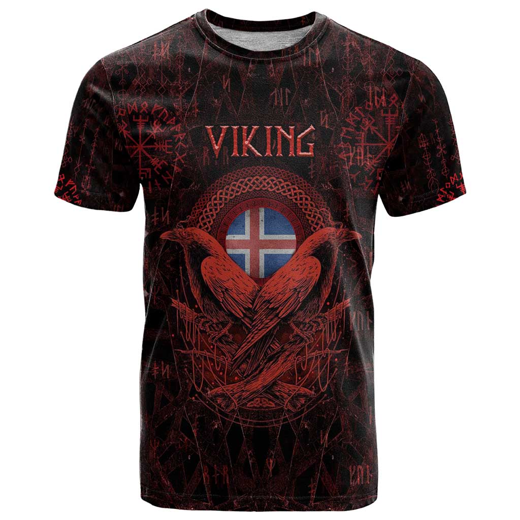 Iceland Vikings T Shirt Norse Runes with Raven and Longship Design Featuring National Flag
