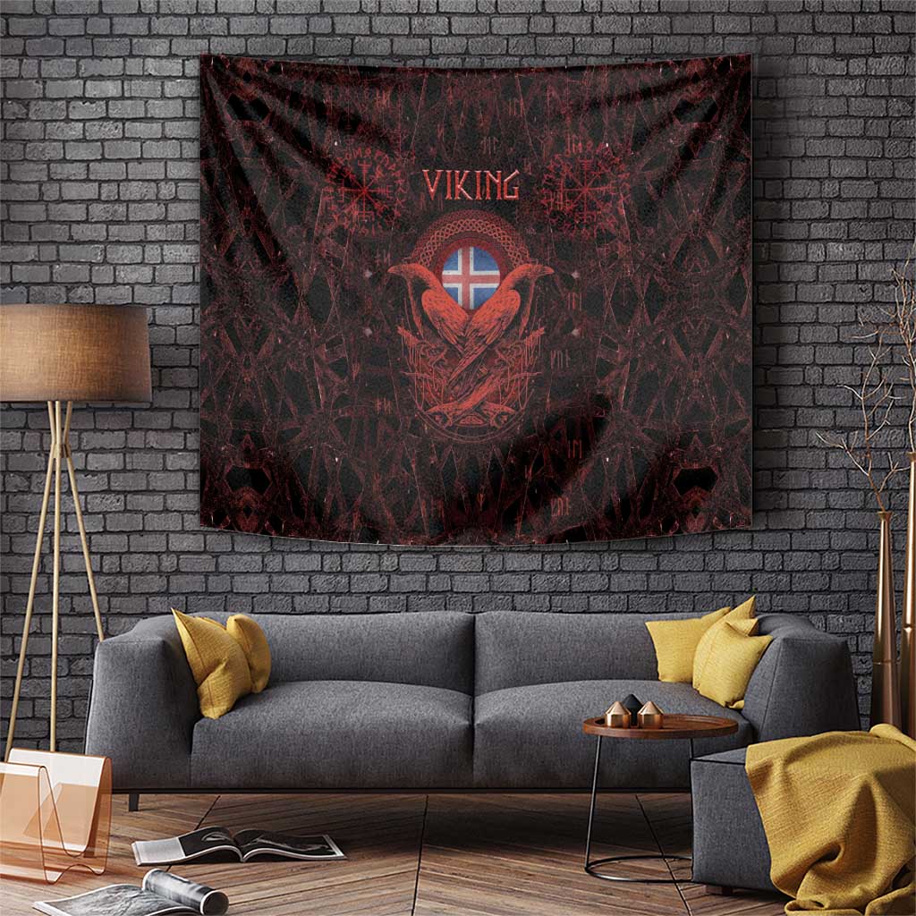 Iceland Vikings Tapestry Norse Runes with Raven and Longship Design Featuring National Flag
