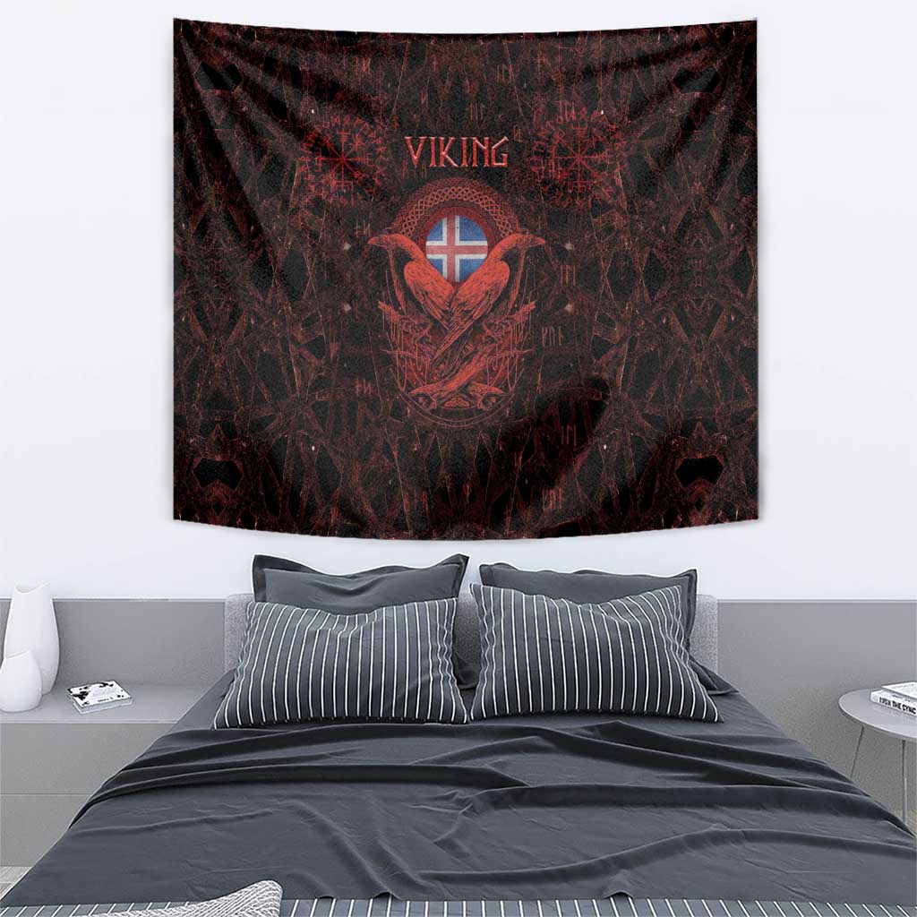 Iceland Vikings Tapestry Norse Runes with Raven and Longship Design Featuring National Flag