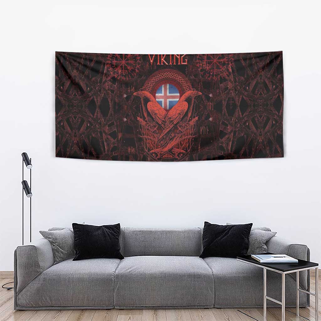Iceland Vikings Tapestry Norse Runes with Raven and Longship Design Featuring National Flag