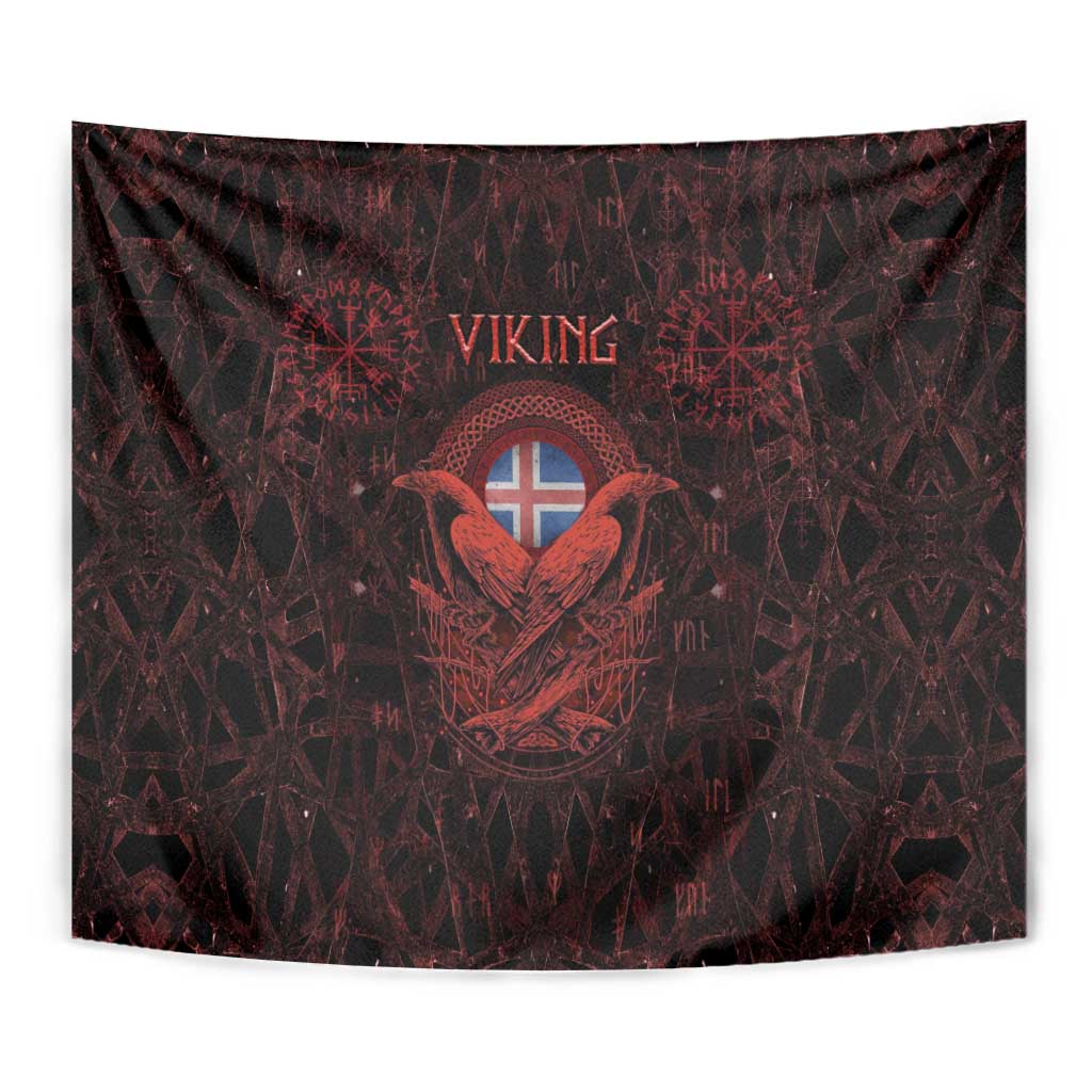 Iceland Vikings Tapestry Norse Runes with Raven and Longship Design Featuring National Flag