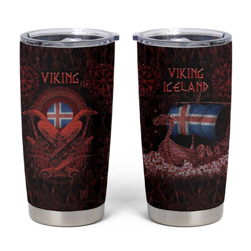 Iceland Vikings Tumbler Cup Norse Runes with Raven and Longship Design Featuring National Flag
