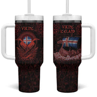 Iceland Vikings Tumbler With Handle Norse Runes with Raven and Longship Design Featuring National Flag