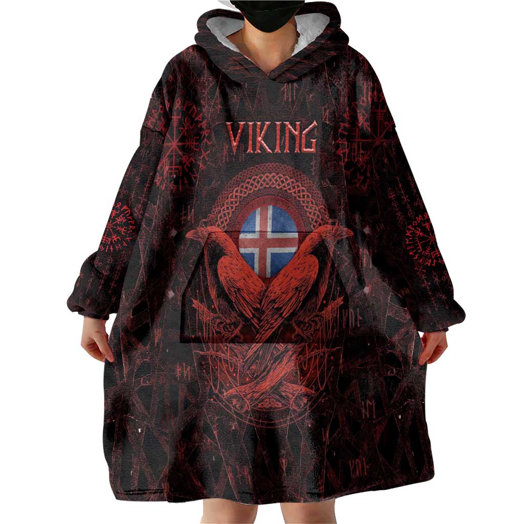 Iceland Vikings Wearable Blanket Hoodie Norse Runes with Raven and Longship Design Featuring National Flag