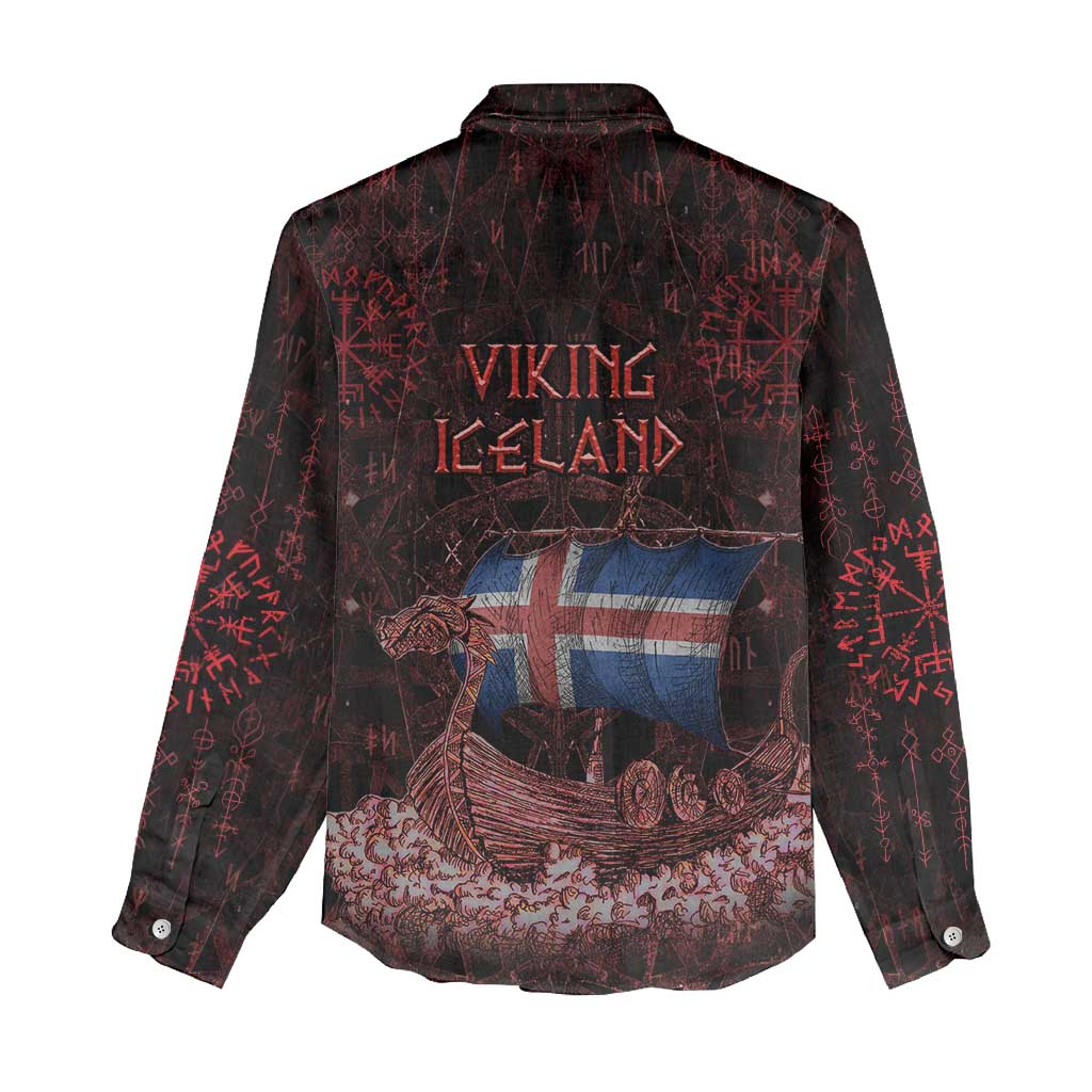 Iceland Vikings Women Casual Shirt Norse Runes with Raven and Longship Design Featuring National Flag