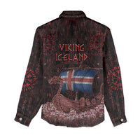 Iceland Vikings Women Casual Shirt Norse Runes with Raven and Longship Design Featuring National Flag