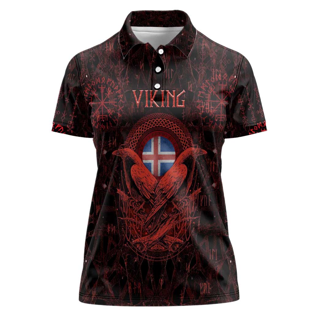 Iceland Vikings Women Polo Shirt Norse Runes with Raven and Longship Design Featuring National Flag